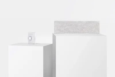 Two white pedestals are placed against a white background. A small, clear, circular object is on the left pedestal, and a rectangular, textured object is on the right pedestal.