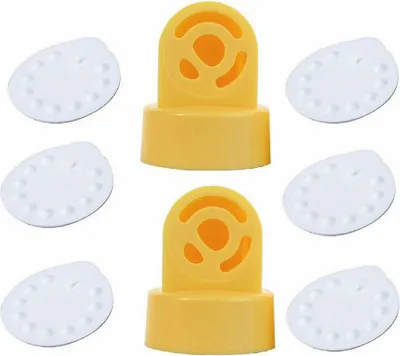 A product shot of two yellow valve heads and six white membranes.
