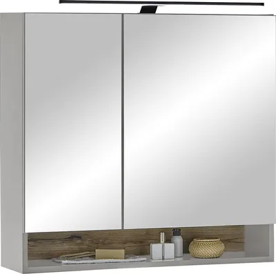 Produktbild von Badezimmerspiegelschrank >Denver< LED, Steckdose, grau matt / evoke eiche Nachbildung - 80x75x22 (BxHxT)