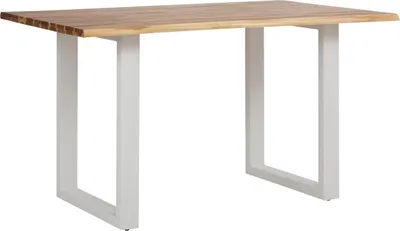 A studio shot of a dining table with a wooden top and white legs.