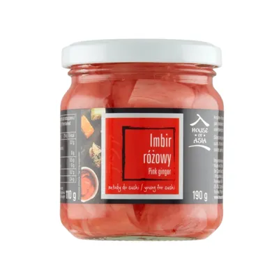 A jar of pink pickled ginger for sushi.