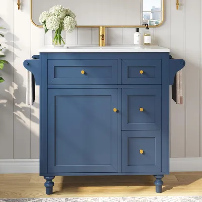 Produktbild von Waschbeckenunterschrank mit Auszugsschubladen und Handtuchhalter Badezimmerschrank Keramikwaschbecken 99.5*45*86cm Blau