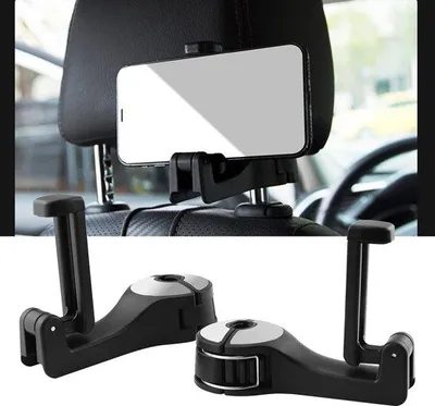 Productafbeelding van Autostoelhaak voor auto's met mobiele telefoonhouder, 2 stuks, geschikt voor autostoelen, achterbank, hoofdsteunhaken