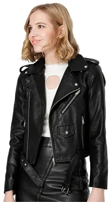 Zdjęcie produktu dla Kurtka motocyklowa damska marki Jhichic, skórzana, w rozmiarze oversize, kolor czarny, rozmiar M