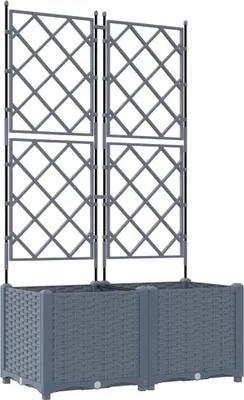 A grey garden planter with a trellis structure.