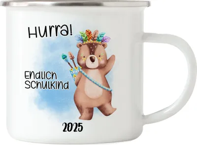 Produktbild von Endlich Schulkind 2025 Bär Emaille Tasse Schuleinführung Sohn Tochter Geschenk Schulanfang Erstklässler