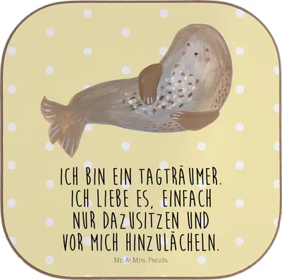 Produktbild von Mr. & Mrs. Panda Tischuntersetzer Robbe Lachen - Gelb Pastell - Geschenk, Coaster, Ostsee, Meerestier, gläseruntersetzer, Strand, Holzuntersetzer, Untersetzer für Gläser