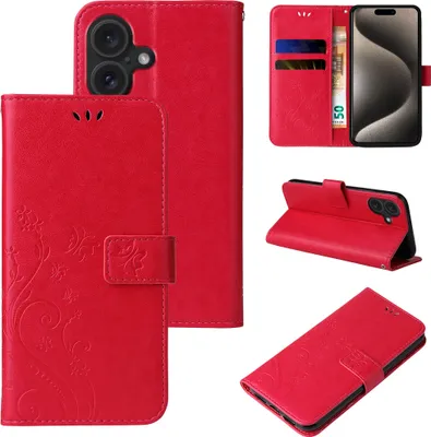 Produktbild von Handyhülle für Apple iPhone 17 Floral Blumen Schmetterling Flip Cover Hülle Case Klapphülle Handytasche Farbe: Rot
