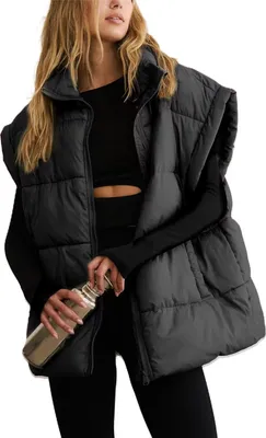 Produktbild von ASKSA Damen Puffer Weste uebergrosse aermellos Gesteppt Stehkragen Leichte Reissverschluss Winter Oberbekleidung, Schwarz, M