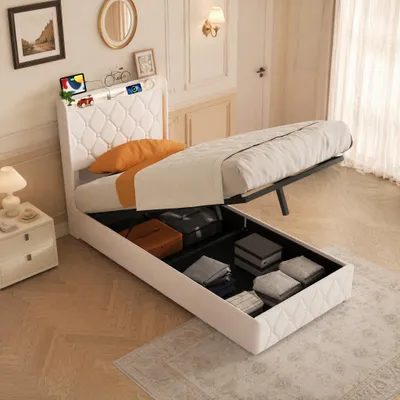 Immagine prodotto di Letto imbottito INONEFT, 90x200 cm, con contenitore, letto per ragazzi con LED e prese di corrente, letto singolo con rete a doghe e spazio contenitivo nella testiera, rivestito in velluto, color beige