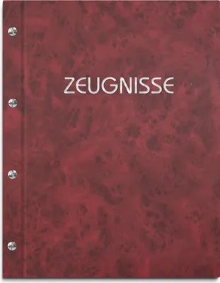 Produktbild von Zeugnismappe im roten Einband in Marmoroptik, mit hochwertigem Prägedruck in silber – handgefertigte Mappe inkl. 12 Sichthüllen