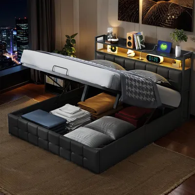 Produktbild von SUNFECILI Polsterbett 140x200 cm,Boxspringbett 140x200,mit Lattenrost,Weicher Rückenlehne und Kopfteil,USB,LED,Doppelbett,Jugendbett,PU,Schwarz