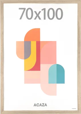 A poster frame with a graphic design inside, showing dimensions and brand name.