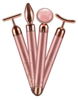 Produktbild von 4in1 Gesichtsmassagegerät Gold Optik 4 Aufsätze Rosenquarz Roller T-Form Gesicht Augen Hals Körper Pflege für Zuhause