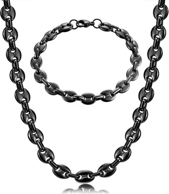 Produktbild von AFSTALR Herren Halskette Edelstahl Kaffeebohne Armband Set Silber Gold Schwarz 51 56 61CM 6 9 11mm