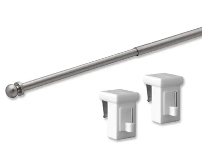A metal curtain rod with a decorative ball end and two white window hooks against a white background.