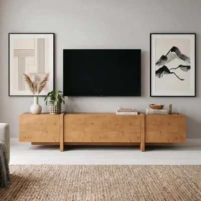 Produktbild von Lowboard LEILA aus Massivholz 220 cm, Eiche Finish - TV Lowboard mit 2 Türen und Klappe, Fernsehschrank aus Kiefernholz, TV Board mit Stauraum, Holz Sideboard Wohnzimmer