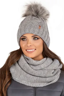 Produktbild von Vivisence damen bommelmütze und schal set warm kopfbedeckung und halsbedeckung an winter und herbst warm dick, wintermütze mit bommel, winterset für frauen, hergestellt in der eu, hellgrau, einheitsgr