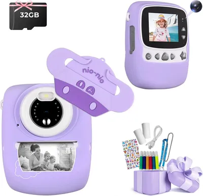 Produktbild von 1080P Kinderkamera, Sofortbildkamera, verbunden über WLAN, 2,4 Zoll, mit 32 GB TFCarte, 6 Farbpinsel, 1 Aufkleber, 2 Rollen Druckerpapier, lila, 2,4 Zoll