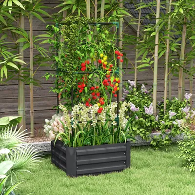 Produktbild von Hochbeet mit Rankgitter, Pflanzkübel mit Tomatenrankhilfe, verzinkter Stahl, wetterfest, offener Boden, Dunkelgrau | 61 x 61 x 140 cm | 4,5 kg