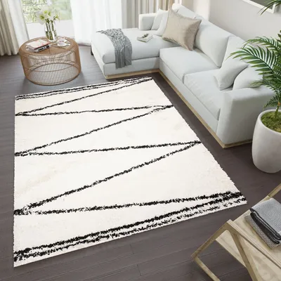 Produktbild von Teppich Wohnzimmer Schlafzimmer Hochflor Shaggy Langflor Creme Schwarz Modern Design 80 x 150 cm
