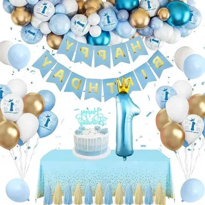 Produktbild von Geburtstags Dekoration für Jungen - Blaue Goldene Luftballons - Geburtstagsbanner - Baby-Shower - Kindergeburtstag