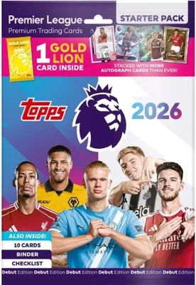 A starter pack for Topps Premier League 2025/2026 trading cards, featuring several prominent football players.