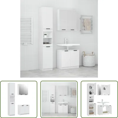 A collage of images showing bathroom furniture sets in a white, modern bathroom setting and individual furniture pieces.