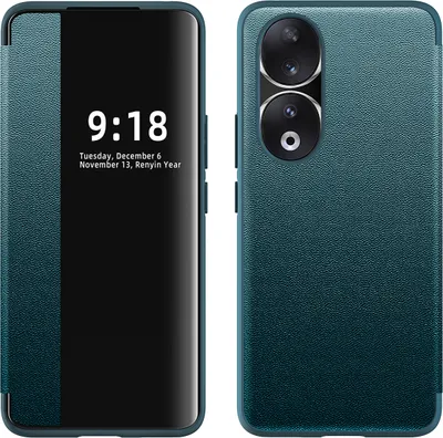 A product image showing a phone case for the Honor 90 in green, displayed from two angles: one showing the front with the screen on, and the other showing the back with the camera module.