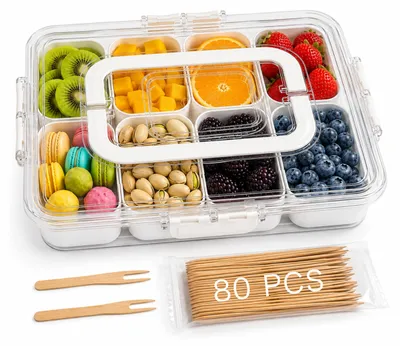 Snackbox mit 8 Fächern, Deckel, Griff & 80 Bambusgabeln