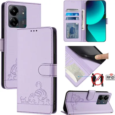 Produktbild von Leder Hülle für Xiaomi Redmi 13C /Poco C65/Poco M6 5G Süße Katze Flip Case Brieftasche Schutzhülle mit Standfunktion Lila