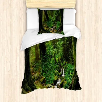 Produktbild von ABAKUHAUS Natur Mantele, Nepal Dschungel Wald, Milbensicher Allergiker geeignet mit Kissenbezügen, 135 cm x 200 cm - 80 x 80 cm, Grün