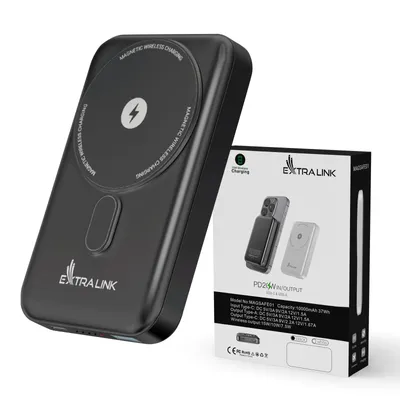 Produktbild von Extralink Powerbank 10000 mAh, Magnetische Powerbank 20W PD, 15W Wireless, USB-C & USB-A, Graphit