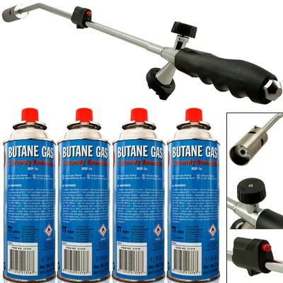 Produktbild von Unkrautbrenner + 4 Butangaskartuschen mit Bajonettanschluss Gasbrenner Piezo Zündung Unkrautvernichter Brenner Abflammgerät