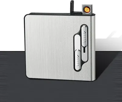 Image de Etui à cigarettes avec briquet électronique |boîte à cigarettes |distributeur de cigarettes| Super comme cadeau| Couleur argentée
