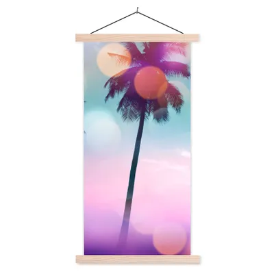 Produktbild von MuchoWow® Textilposter Sommer - Palmen - Himmel - Rosa 40x80 cm mit holzfarbenen Rahmen - Wohnzimmer