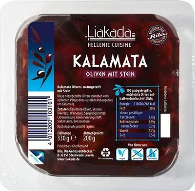 Produktbild von Liakada Kalamata Oliven mit Stein 200 G Klarsichtpackung  Vegan Glutenfrei  Intensiv würzig-fruchtig