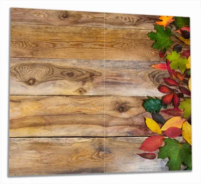 Produktbild von Wallario Herdabdeckplatte aus Glas, Größe 60 x 52 cm 2-teilig, Motiv Herbstlaub auf Holzbrettern