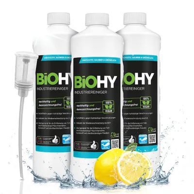 Produktbild von BiOHY Industriereiniger + Dosierer, Kraftreiniger, Kunststoff Metall Hochdruck, 3 x 1 l