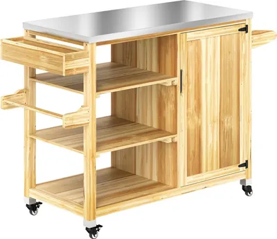 Produktbild von Grillwagen 6-Etagen Servierwagen mit Arbeitsfläche Handtuchregal, BBQ Grilltisch aus Holz, Grill Beistelltisch, Outdoor Trolley, Holzkohlegrill für Garten, Terrasse 134,5x50x91,5cm Naturholz