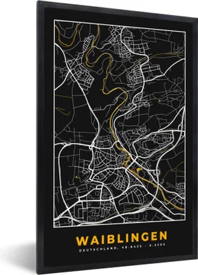 Produktbild von MuchoWow® Gerahmtes Poster Schwarz und Gold - Stadtplan - Waiblingen - Deutschland - Karte 40x60 cm - Poster mit Schwarzem Bilderrahmen Wandposter Rahmen Foto Bilder - Papierdruck - Wandbilder