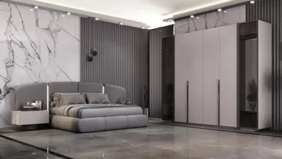 Image de Ensemble de chambre à coucher : lit rembourré, 2 tables de chevet et armoire – Gris