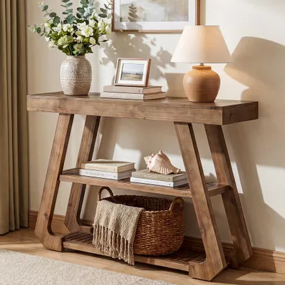 Image de Table console de 105 cm en bois massif, table d'appoint de style rustique à 3 niveaux, table d'entrée rustique avec des pieds en forme de A robustes et des étagères ouvertes