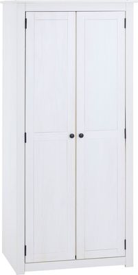 Kleiderschrank PAULO aus Kiefer massiv mit großem Fach und Kleiderstange, Schrank im Landhausstil mit Griffen aus schwarzem Metall