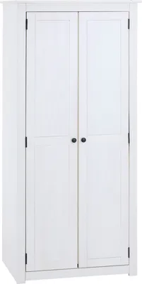Produktbild von Kleiderschrank PAULO aus Kiefer massiv mit großem Fach und Kleiderstange, Schrank im Landhausstil mit Griffen aus schwarzem Metall