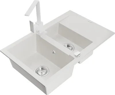 Image de Mexen Gaspar évier en granit 1,5 bac avec égouttoir et mitigeur Rita, blanc - 6507-20-670300-20