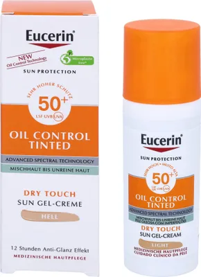 A product shot of Eucerin Sun Oil Control tinted Creme Lsf 50+ hell, showing both the box and the bottle.