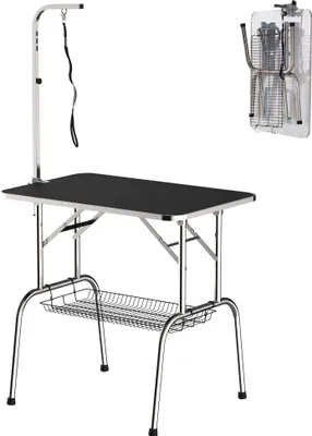 Produktbild von Hundepflegetisch, Trimmtisch, klappbar, höhenverstellbar, Galgen, Schlingen, Netzkorb, Schertisch, bis 150 kg, Schwarz, 90 x 60 x 75 cm