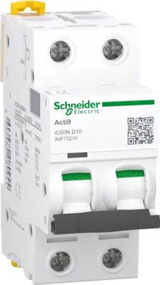 Obrázok produktu pre Acti9 iC60N - istič - 2P - 10A - D-krivka - 400Vac - 6000A/10kA - SCHNEIDER ELECTRIC - A9F75210