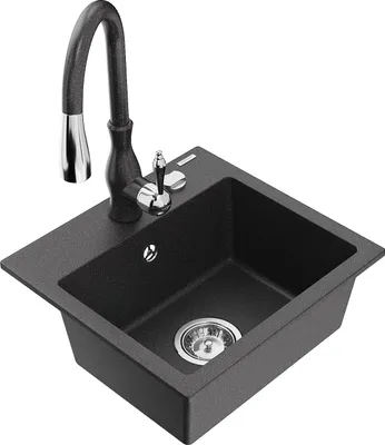 Produktbild von Mexen Milo 1-Becken-Granit-Spüle mit Mischbatterie Savita, Schwarz gesprenkelt - 6505-76-672601-76